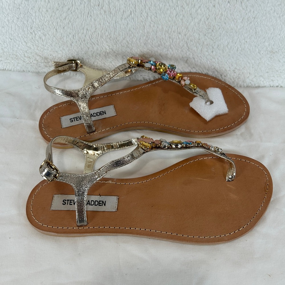 Steve Madden Gold Jeweled T-Strap Sandals - Picture 3 of 7